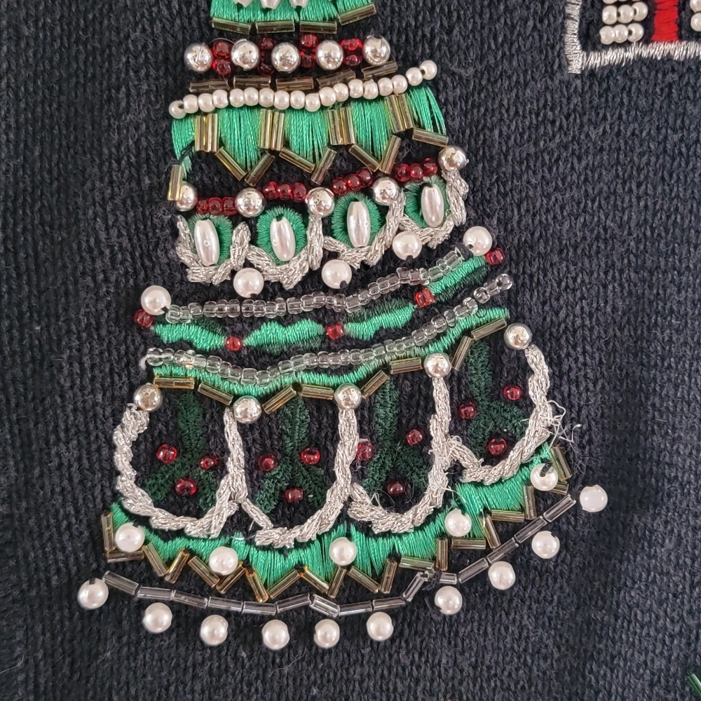 Vintage Christmas Holiday Cardigan Sweater Beaded Embroidered Festive White Stag - Picture 4 of 8